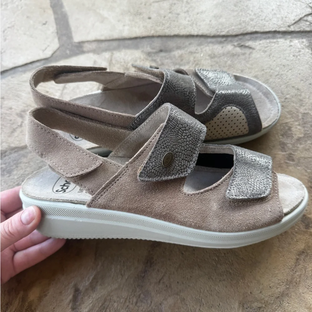 Scholl Comfort Sandals With Velcro Straps Beige Wedge Removable Insole Size 38